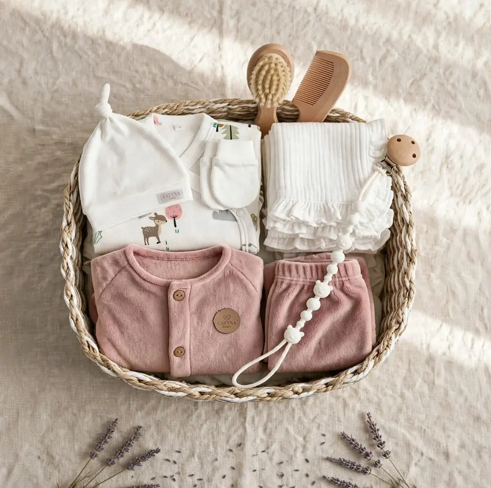 Set Catyna Premium: gorro, batita y mitones de ciervitos, conjunto plush rosa, babita de muselina, porta chupete y set de peine y cepillo de madera en un canasto tejido