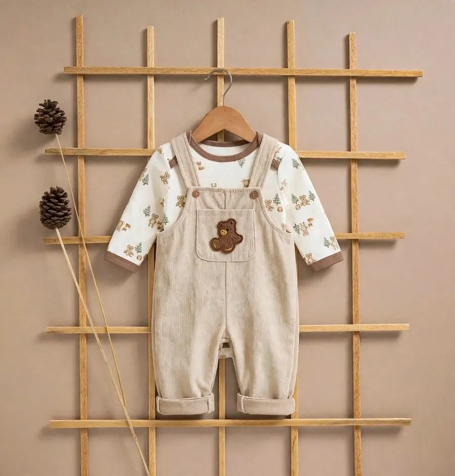 Jardineros: jardinero de pana beige con osito bordado y body con estampado de ositos