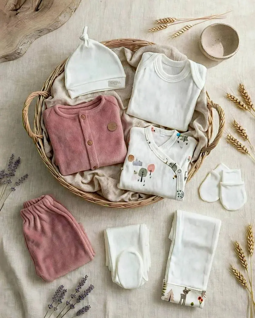 Set Catyna 8 piezas con cardigan plush rosa y kimono ciervitos - incluye gorrito, body, pantalones y manoplas