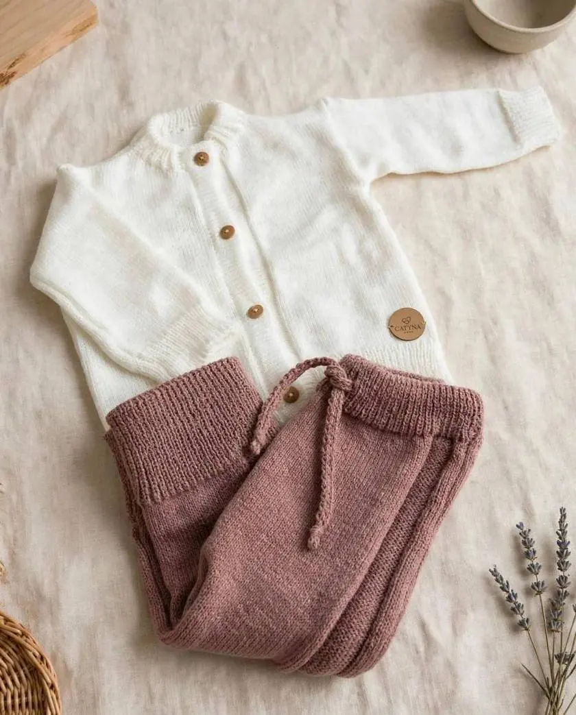 Conjunto dralon rosa empolvado: Buzo blanco con botones de madera y pantalón rosa empolvado tejido