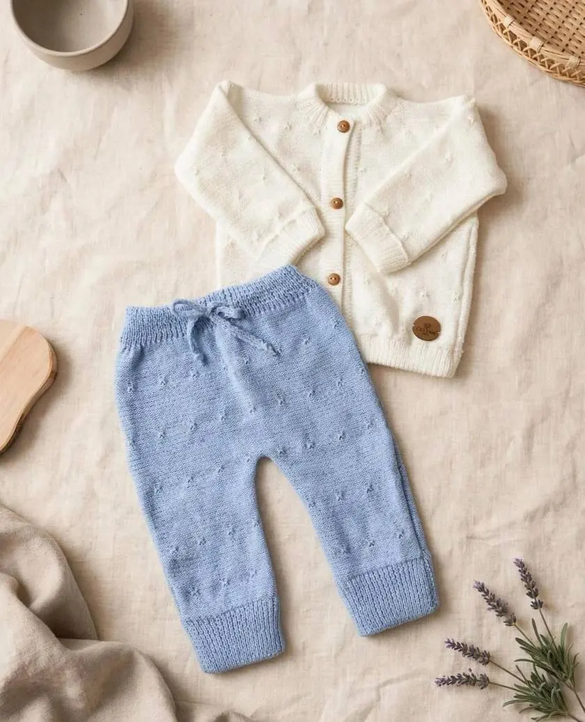Conjunto dralon celeste: Buzo blanco con puntos tejido y pantalón celeste con lazo
