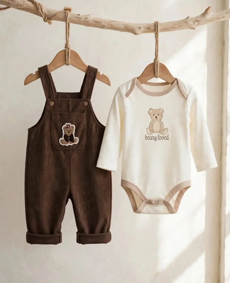 Jardinerito de pana color chocolate con parche de osito, junto a body Beary Loved