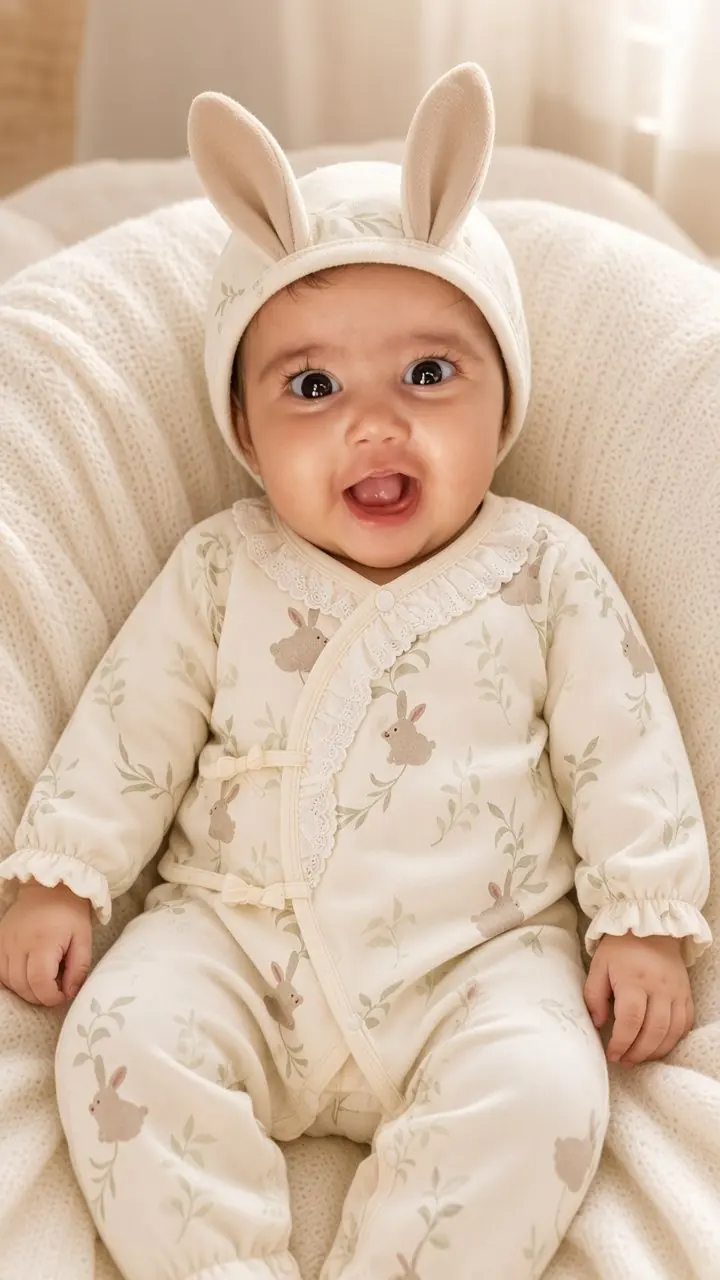 Bebé con el enterito kimono de conejitos y el gorrito de orejas de CATYNA